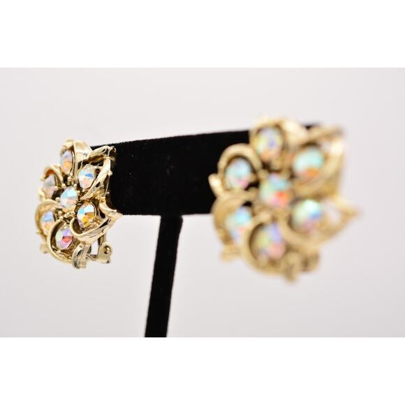 Vintage Crystal Clip On Earrings Flower Rhinestone Aurora Borealis Gold 60s BinZ - Picture 3 of 12